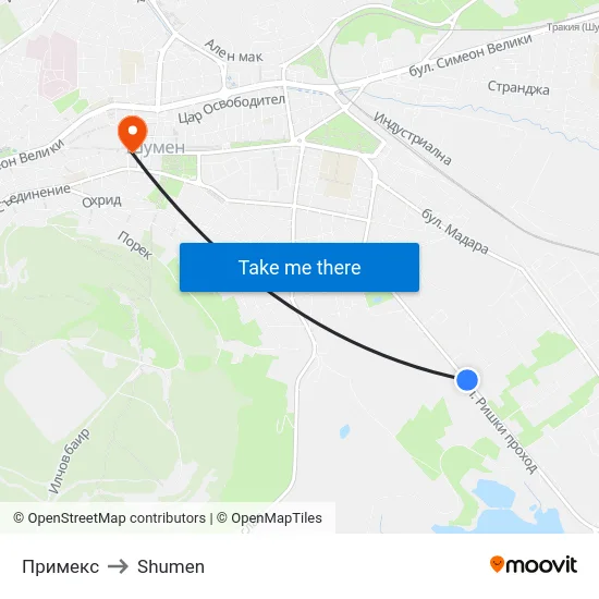 Примекс to Shumen map