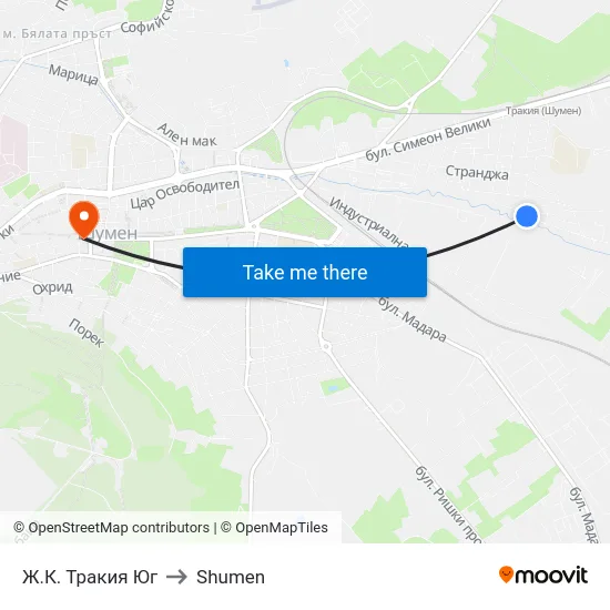 Ж.К. Тракия Юг to Shumen map