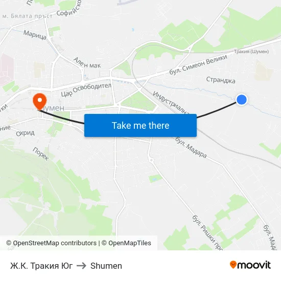 Ж.К. Тракия Юг to Shumen map