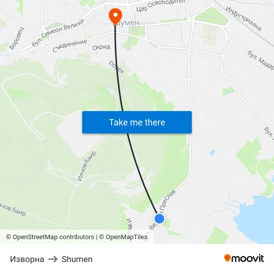 Изворна to Shumen map