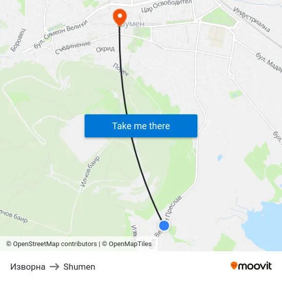 Изворна to Shumen map