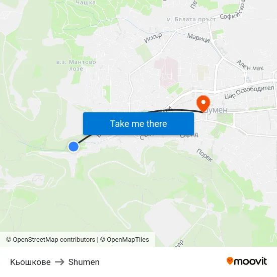 Kьошкове to Shumen map