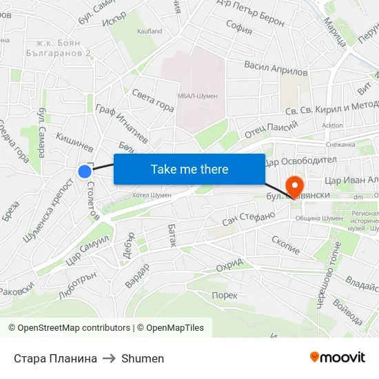 Стара Планина to Shumen map