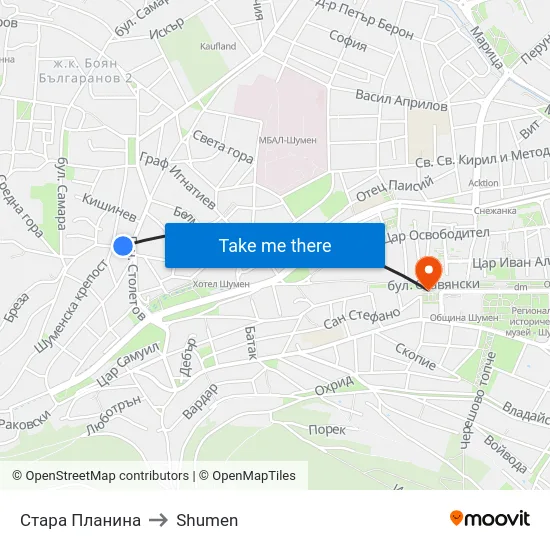 Стара Планина to Shumen map