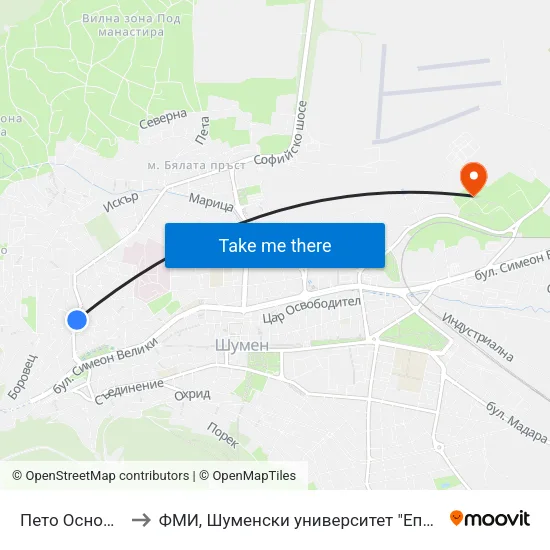 Пето Основно Училище to ФМИ, Шуменски университет "Епископ Константин Преславски" map