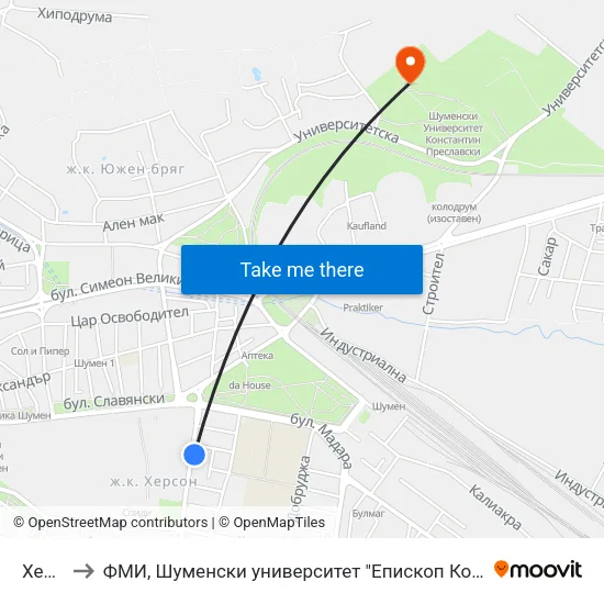 Херсон to ФМИ, Шуменски университет "Епископ Константин Преславски" map