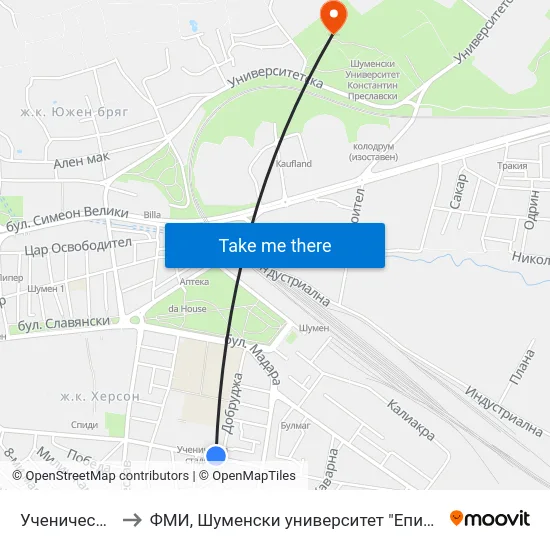 Ученически Стадион to ФМИ, Шуменски университет "Епископ Константин Преславски" map