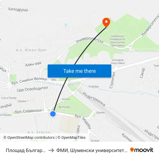 Площад България / Руски Паметник to ФМИ, Шуменски университет "Епископ Константин Преславски" map