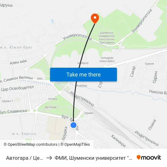 Автогара / Централна Жп Гара to ФМИ, Шуменски университет "Епископ Константин Преславски" map