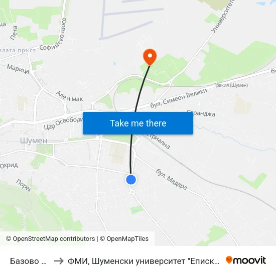Базово Училище to ФМИ, Шуменски университет "Епископ Константин Преславски" map