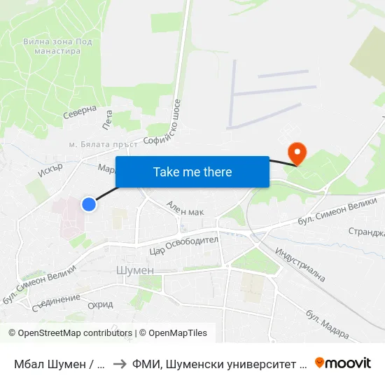 Мбал Шумен / Хирургически Блок to ФМИ, Шуменски университет "Епископ Константин Преславски" map