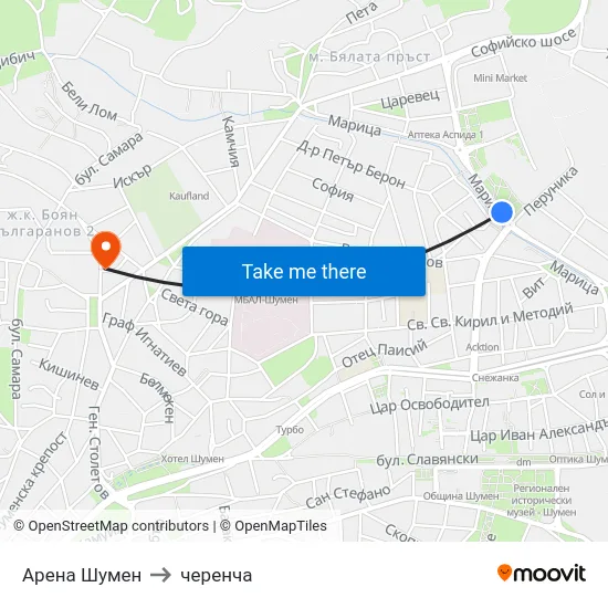 Арена Шумен to черенча map