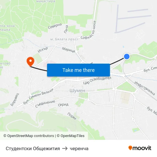 Студентски Общежития to черенча map