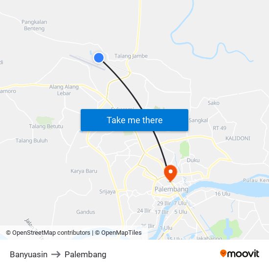 Banyuasin to Palembang map