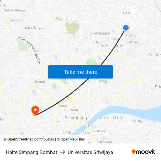 Halte Simpang Bombat to Universitas Sriwijaya map