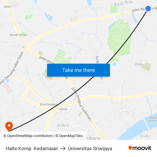 Halte Komp. Kedamaian to Universitas Sriwijaya map