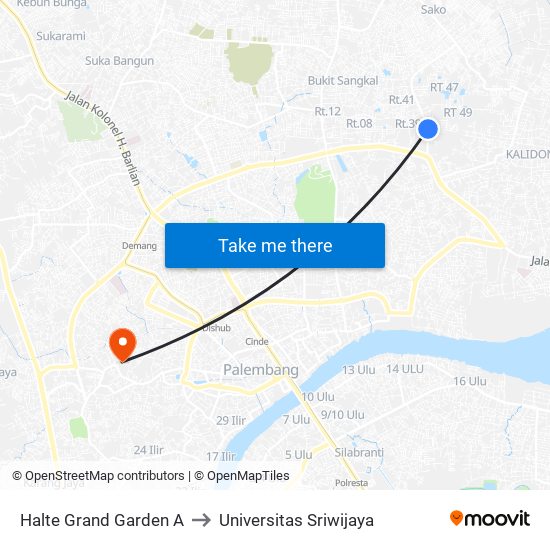 Halte Grand Garden A to Universitas Sriwijaya map