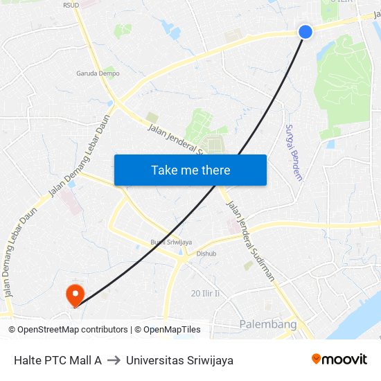 Halte PTC Mall A to Universitas Sriwijaya map