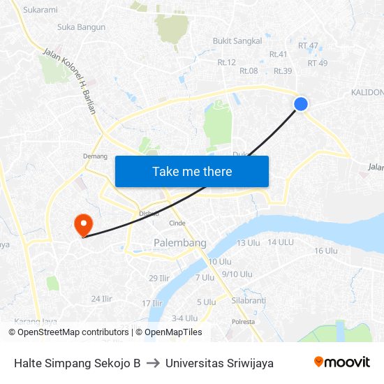 Halte Simpang Sekojo B to Universitas Sriwijaya map