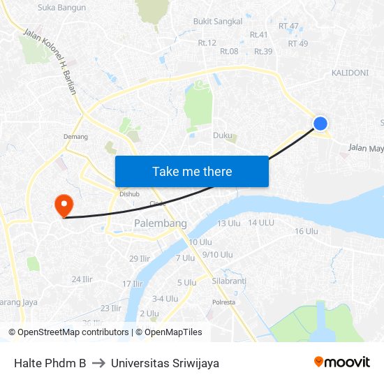 Halte Phdm B to Universitas Sriwijaya map