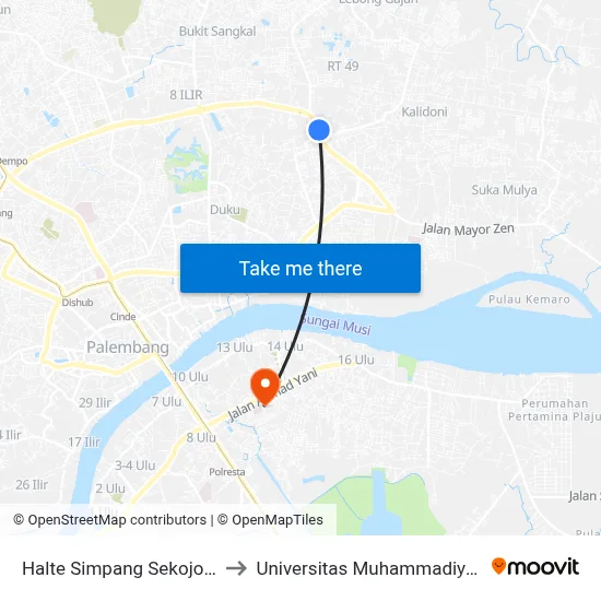 Halte Simpang Sekojo A to Universitas Muhammadiyah map