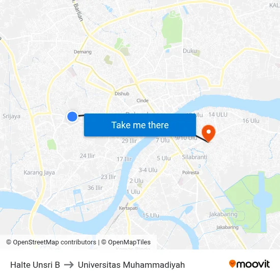 Halte Unsri B to Universitas Muhammadiyah map