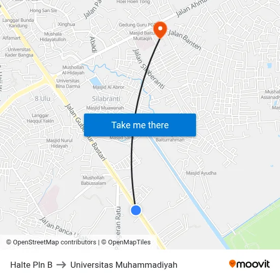 Halte Pln B to Universitas Muhammadiyah map