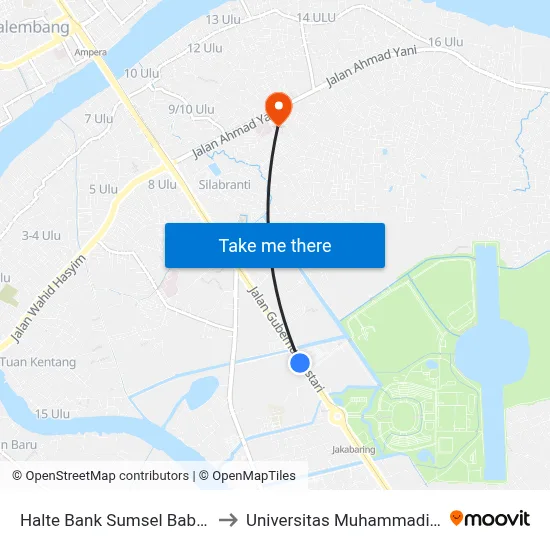 Halte Bank Sumsel Babel A to Universitas Muhammadiyah map