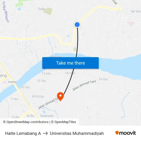 Halte Lemabang A to Universitas Muhammadiyah map