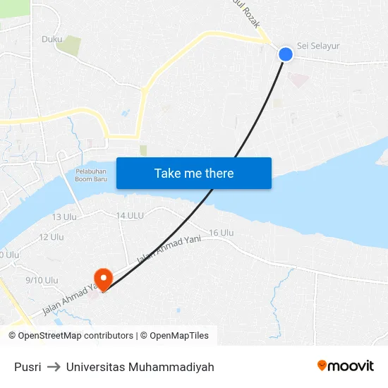 Pusri to Universitas Muhammadiyah map