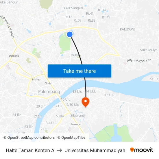 Halte Taman Kenten A to Universitas Muhammadiyah map