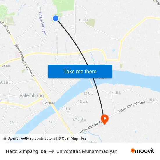 Halte Simpang Iba to Universitas Muhammadiyah map