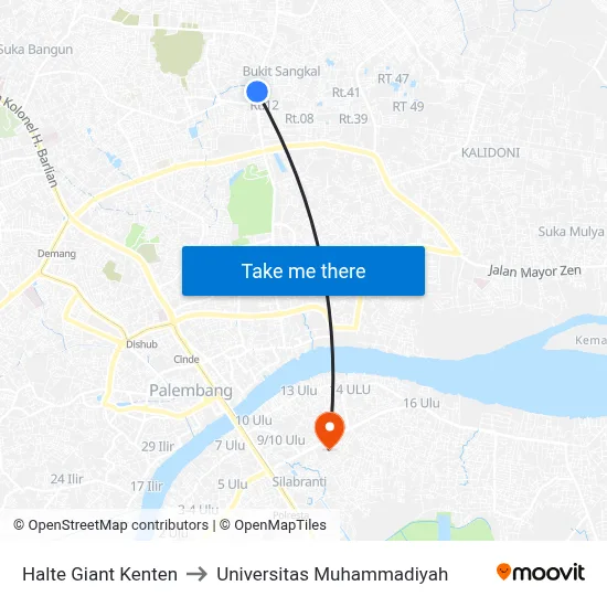 Halte Giant Kenten to Universitas Muhammadiyah map