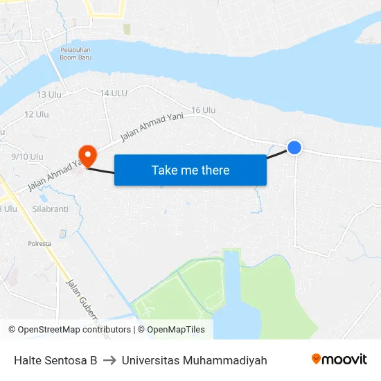 Halte Sentosa B to Universitas Muhammadiyah map
