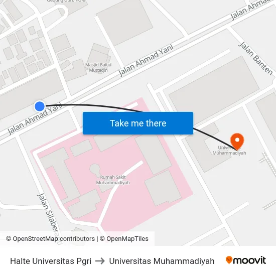 Halte Universitas Pgri to Universitas Muhammadiyah map