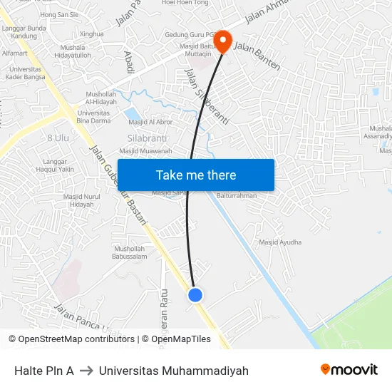 Halte Pln A to Universitas Muhammadiyah map