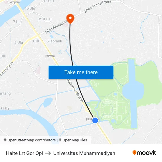 Halte Lrt Gor Opi to Universitas Muhammadiyah map