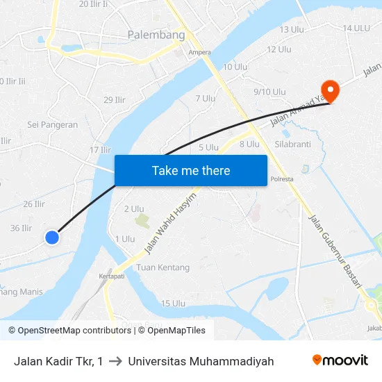 Jalan Kadir Tkr, 1 to Universitas Muhammadiyah map