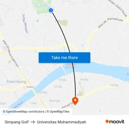 Simpang Golf to Universitas Muhammadiyah map