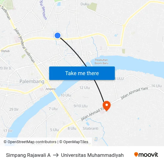 Simpang Rajawali A to Universitas Muhammadiyah map