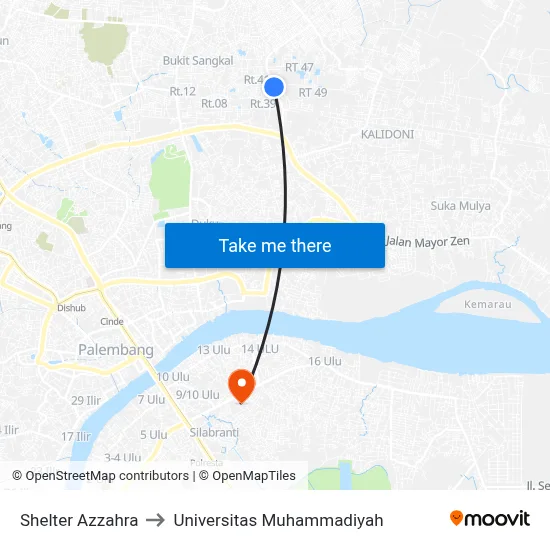 Shelter Azzahra to Universitas Muhammadiyah map