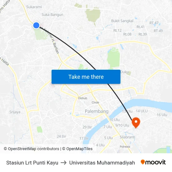 Stasiun Lrt Punti Kayu to Universitas Muhammadiyah map