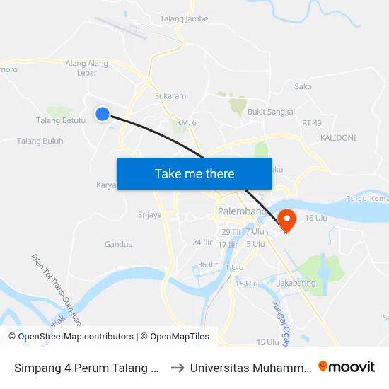 Simpang 4 Perum Talang Kelapa B to Universitas Muhammadiyah map