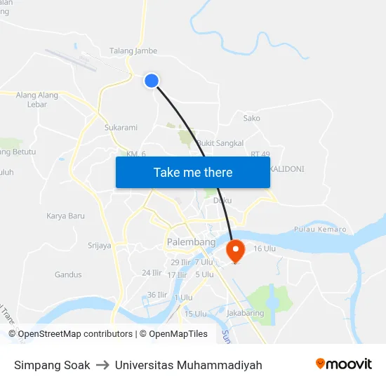 Simpang Soak to Universitas Muhammadiyah map