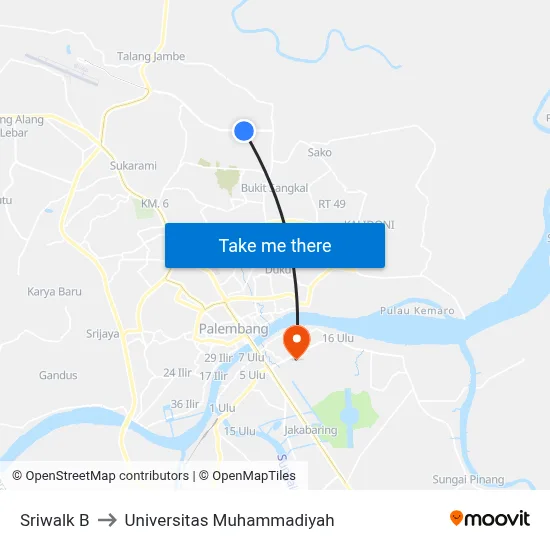 Sriwalk B to Universitas Muhammadiyah map