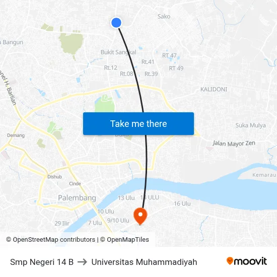 Smp Negeri 14 B to Universitas Muhammadiyah map