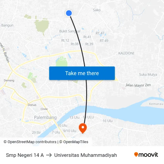 Smp Negeri 14 A to Universitas Muhammadiyah map