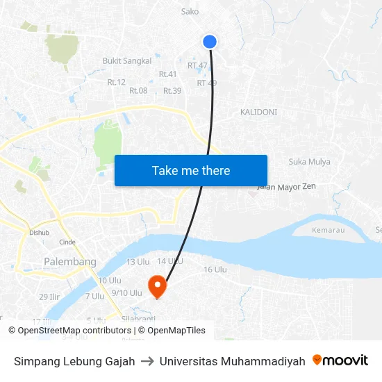Simpang Lebung Gajah to Universitas Muhammadiyah map
