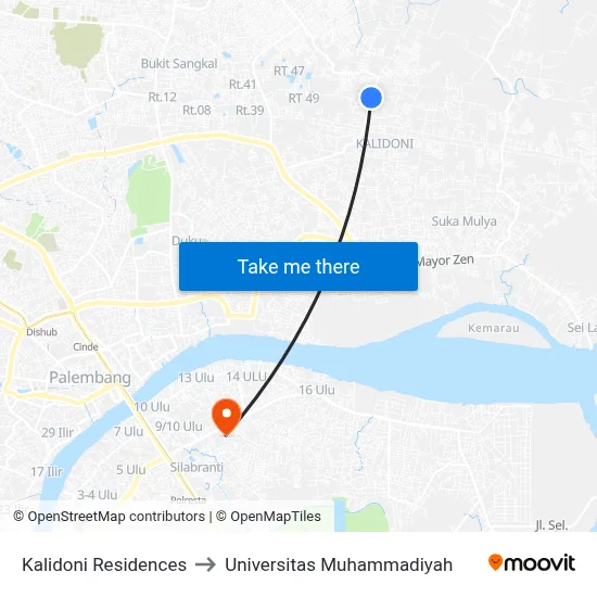 Kalidoni Residences to Universitas Muhammadiyah map