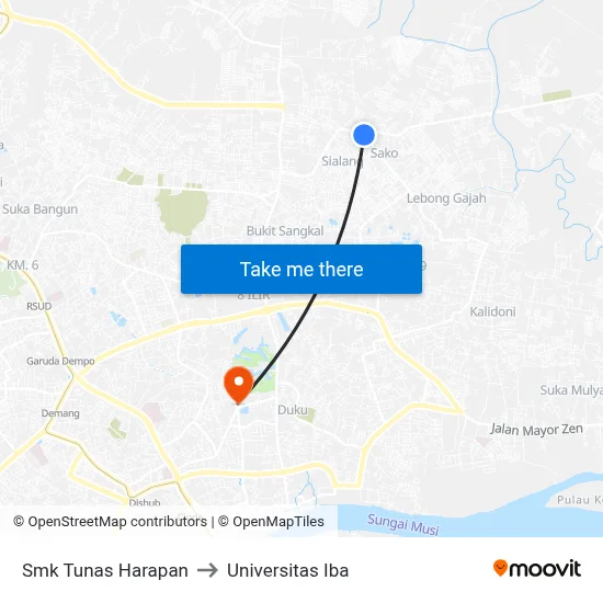 Smk Tunas Harapan to Universitas Iba map